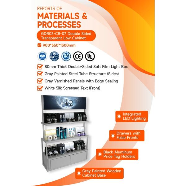 GDR03-CB-07 Double Sided Transparent Low Cabinet With 80mm Soft Film Light Box And LED Strip Lights For Fashion Boutiques
