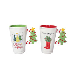 Custom 500ml Ceramic Mugs , Ceramic Christmas Cup With Tree Handle