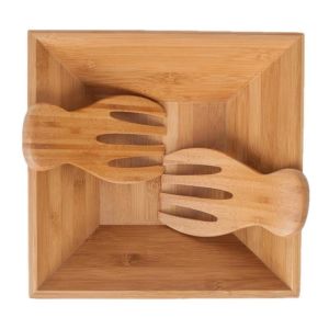 Bamboo large square salad bowl with serving hands
