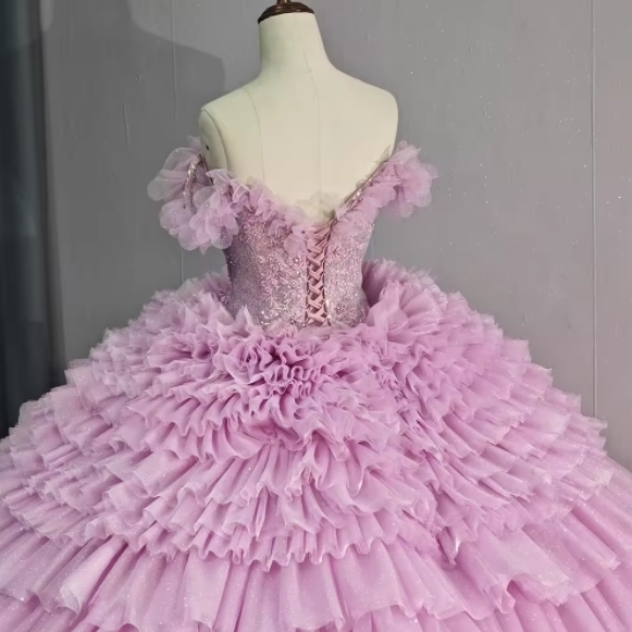 Elegant Off-the-shoulder Beaded V-neck Pink Multi-layer Skirt Tulle Quinceanera Ball Gowns Cake Dresses For 15 Girls