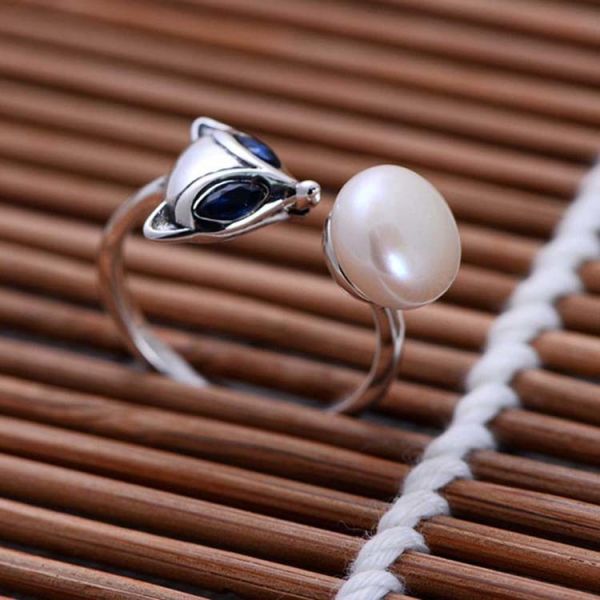 Fox Style Retro Vintage Silver Pearl Ring (057559)