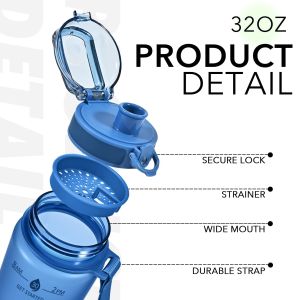 HAS 32oz Motivational Water Bottles With Time Marker & Fruit Strainer