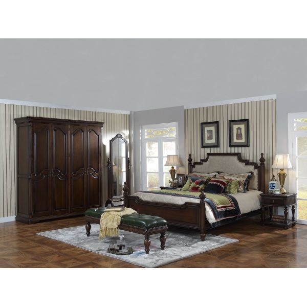 Buy Sandalwood Bedroom set Classic style BT-2902 High fabric Upholstered headboard Wooden king size bed with Cloth Wardrobe at wholesale prices