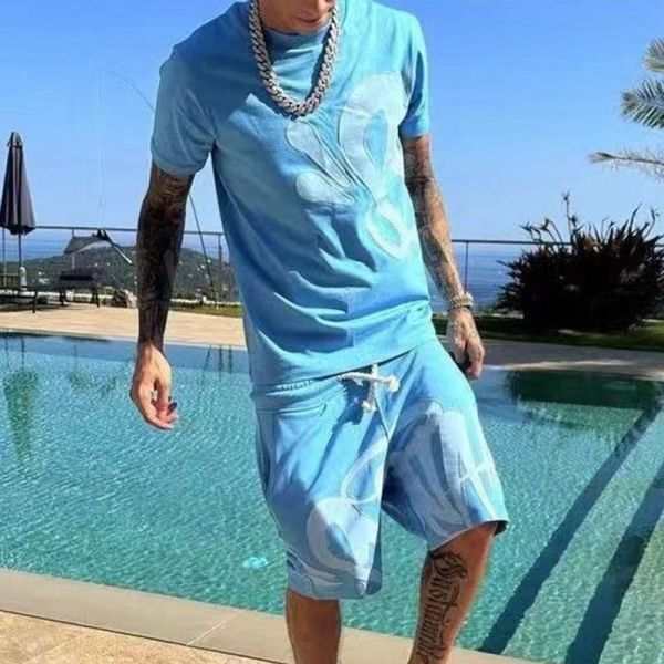 Custom Logo Applique Embroidery Patches High Street Print Tees T Shirt Trendy Short Sleeve Cotton Tracksuit Short Sets for Men