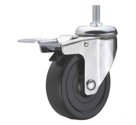 medium duty 4" swivel black rubber caster with brake, swivel soft rubber castor brake