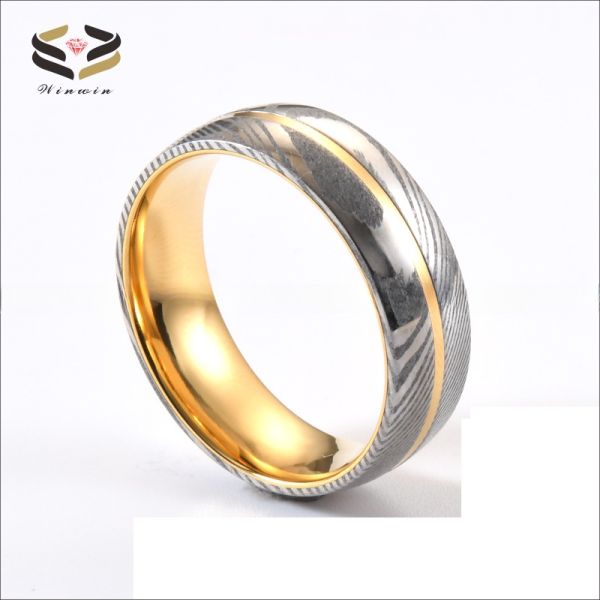 Men'S Engagement Polish Damascus Steel Rings With Grooved Inlaid Golden Tungsten Core