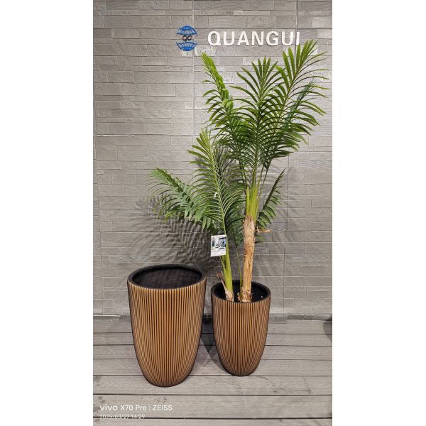 Tall Golden- Brown Hue Stripe Round Fiber Clay Planter Office Decoration Project