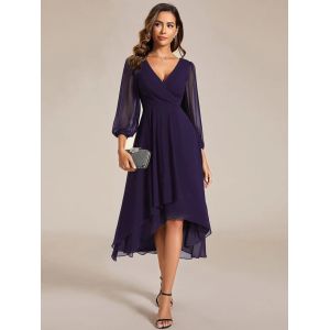 Elegant Empire Long Sleeve V-neck High Low A-line Ruffled Midi Dark Purple