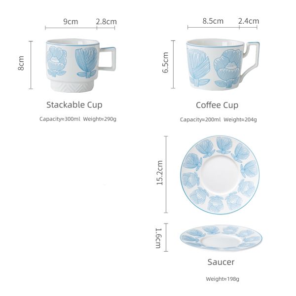 Sustainable Business Gifts European Ceramic Floral Tea Cups And Saucers Set 200ml 300ml