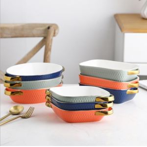 Non Stick Kitchen Ceramic Baking Pans With Gold Rim Nordic Style