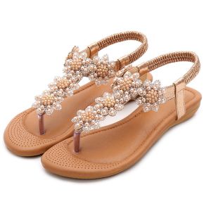BS131 Bohemian Sandals Summer Rhinestone Beaded Ethnic Style Flat Shoes Flip