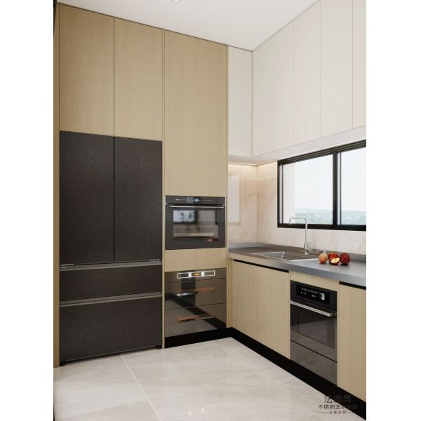 Fadior L Shaped Design Stainless Steel Kitchen Light Wood Grain Sleek Layout Fadior Stainless Steel Kitchen Cabinet