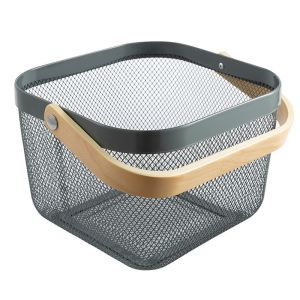 Household 5L White Wire Storage Basket With Wooden Handle 5KG Load