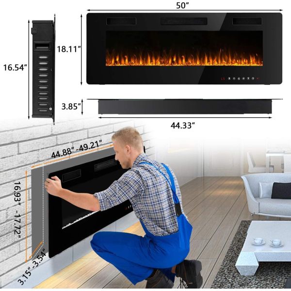 Wall Mounted Electric Fireplace 12 Flame Color Options and Remote Control Included