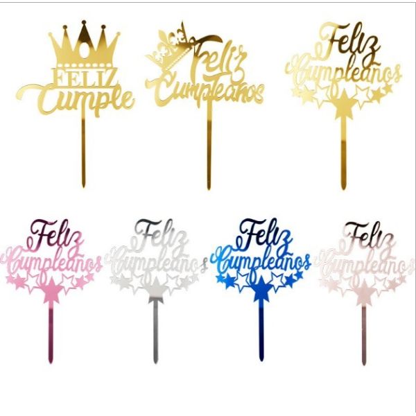 Buy Feliz Cumpleanos Gold Happy Birthday Cake Toppers W11xH16cm Silver Acrylic Cake Topper at wholesale prices