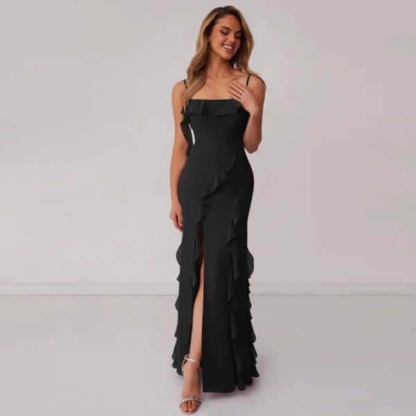 Excellent Plus Size Black Chiffon Bridesmaid Dress Sheath Spaghetti Straps Ruffles Backless Straight Front Split Slit