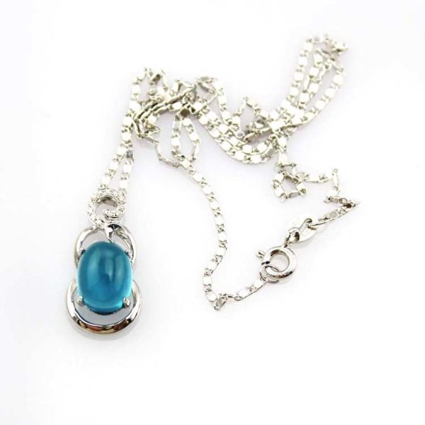 Sterling Silver Silver Chain Necklace Oval 8mmx10mm Blue Topaz Pendant (PSJ0477)