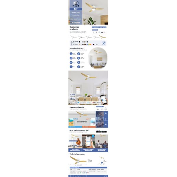 Flush Mount 52 Inch Wood Grain ABS Blades Ceiling Fan With Light