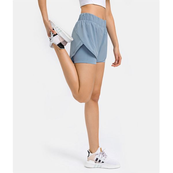 Adjustable Waist High Stretchy Yoga Pocket Shorts Anti Glare Sports Pants Built - In Shorts