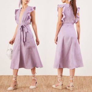 China Clothing Fashion Women Ruffle Shoulder Midi Linen Dress Ladies on sale