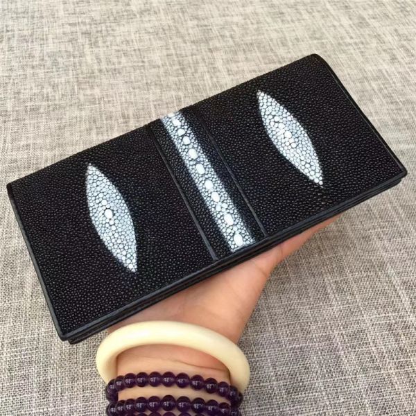 Unisex Style Authentic Real Stingray Skin Women Long Wallet Female Purple Thin Clutch Bag Genuine Leather Card Purse