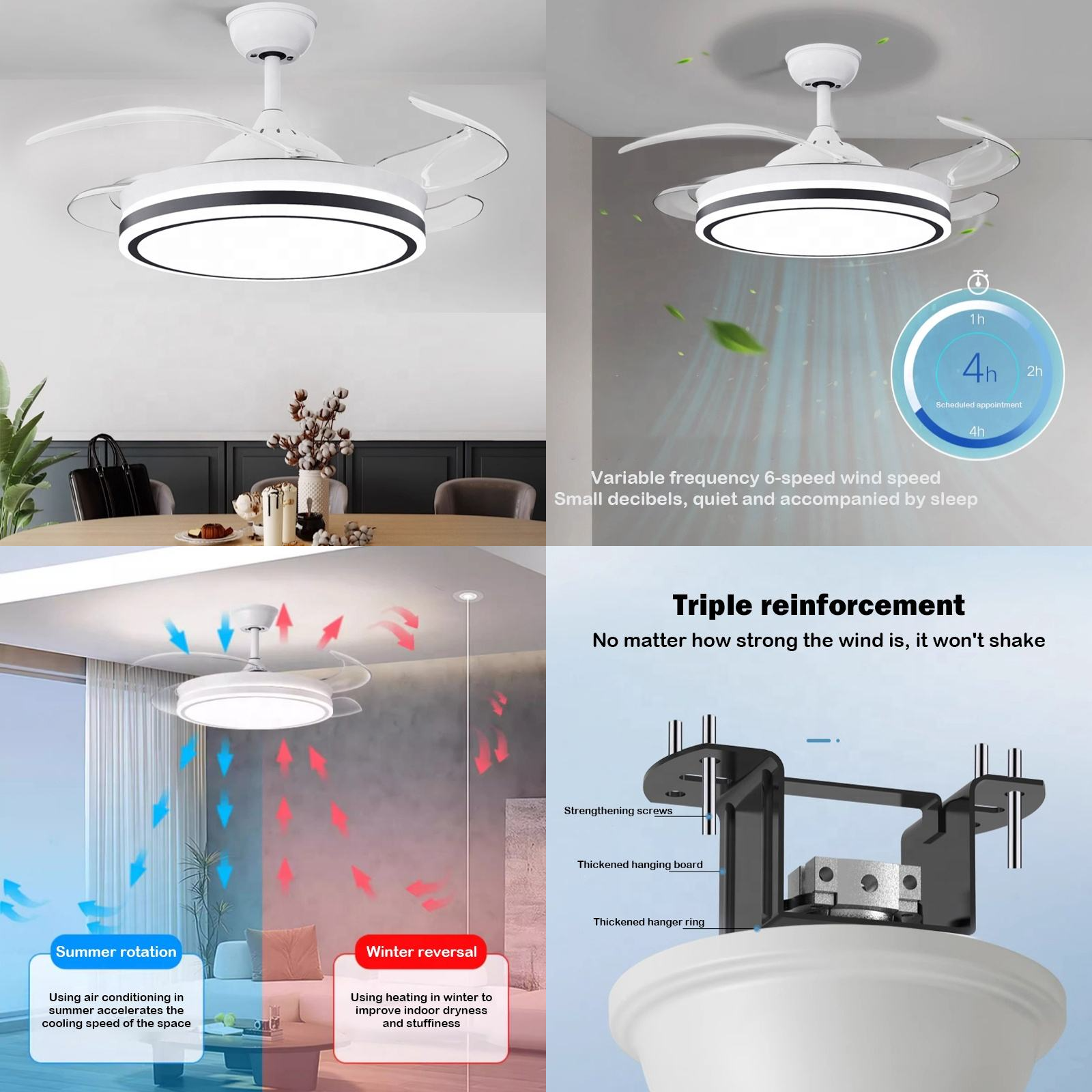 Factory 42 Inch Modern Indoor Decorative Retractable Ceiling Fan with LED Light Reversible DC Motor 3 Blades