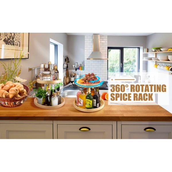 Standing Type 2 Tier Natural Bamboo Lazy Susan Turntable Organizer for Modern Kitchen