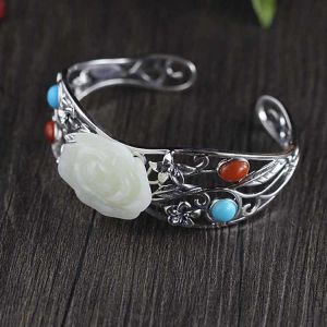 Women 925 Sterling Silver Sculptured White Jade Cuff Bracelet(059489)