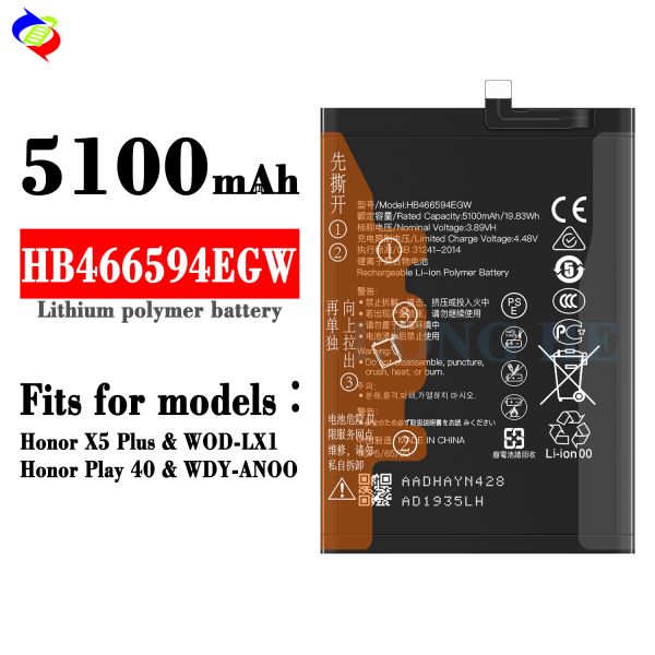 Ori 1 1 battery cell HB466594EGW for Huawei Honor X5 Plus Honor Play 40 WOD-LX1 WDY-AN00 5100mAh 4.48V