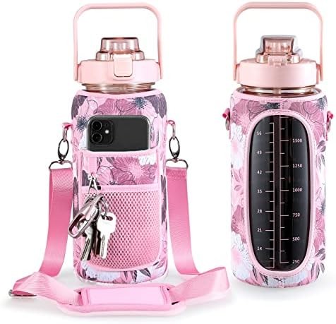 Half Gallon Water Bottle With Sleeve 64oz (2L) Inspirational Water Bottle With Straw and Time Stamp,