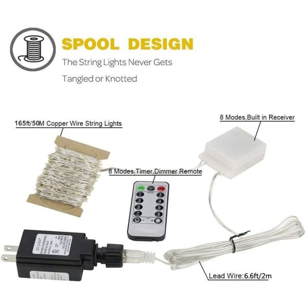 99ft 300 LEDs Dimmable Warm White Copper Wire Lights Remote Control For Garden Room