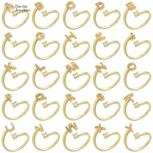 Buy Open Adjustable 18k Gold Plated Diamond Letter Rings Zircon A-Z Alphabet Statement at wholesale prices