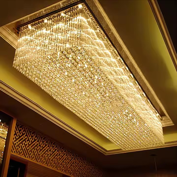 Gold Pendant Lights Clear Crystal Rectangular Chandelier Saloon Living Dining Room Indoor Lighting Pendant Big Ceiling Hotels