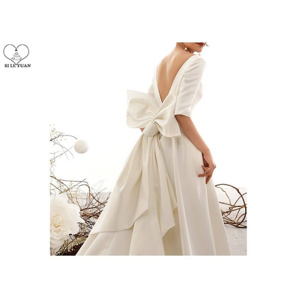 Ivory Plain Elegant Satin Wedding Gowns Half Sleeve Backless With Big Bow