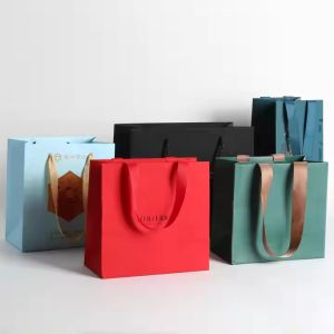 Customizable Logo Paper Packaging Bags With Silk Ribbon Handle