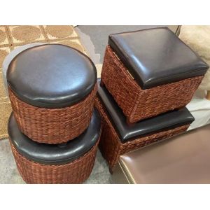 Natural Straw Household Storage Stool Grass Bamboo Woven Ottoman Box Eco