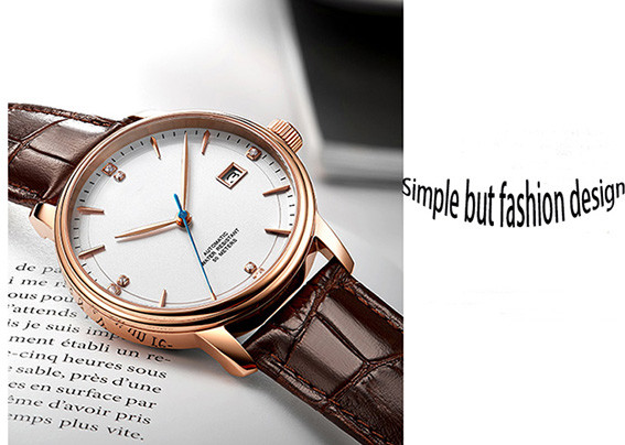 24 Jewels Couple Automatic Watch , Steel Automatic Watch With Genuine Leather Strap