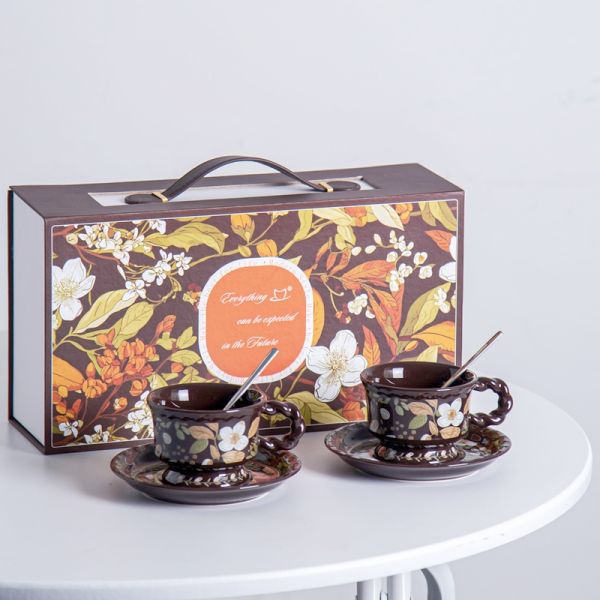 Eco Friendly Drinkware Ceramic Tea Cup Set Gift Box With Brown Porcelain Flower Design