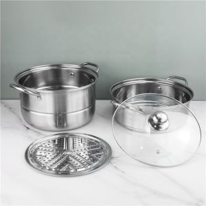 Two Layer Stainless Steel Steamer Pot With Handles Glass Lid