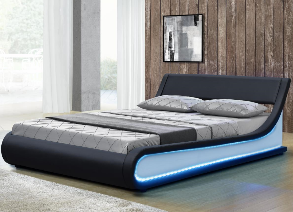 Double King Size LED Upholstered Bed Modern Black Faux Leather