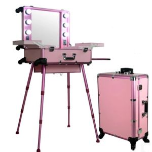 Professional Black/Pink Aluminum Makeup Case With Lights,Easy Carrying Aluminum Lights Case With Mirror KL-MCL008