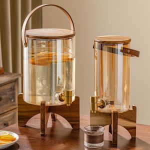 End Glass Dispenser with Wooden Bracket and Faucet for Unisex Outdoor Activity