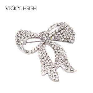 Quality VICKY.HSIEH Rhodium Tone Clear Rhinestone Pave Bowknot Brooches for sale