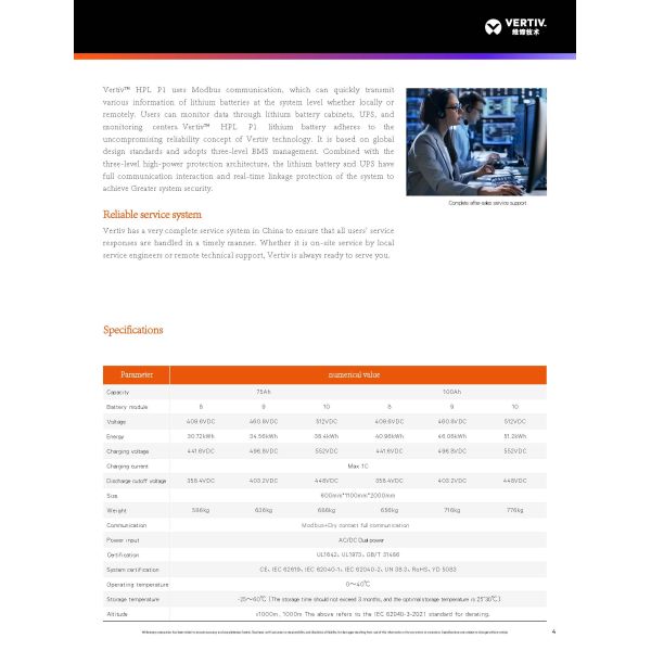 Battery Solution Vertiv HPL P1 Lithium Battery MAX 512V for IDC and Industrial Center