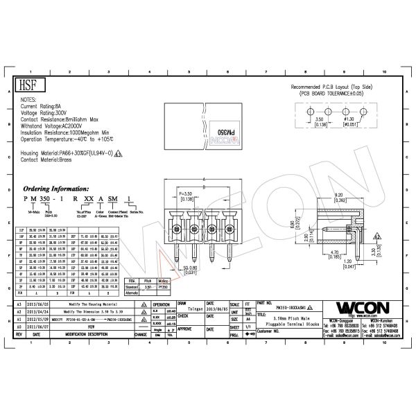 Insulation Male Brass Pluggable Terminal Block Connector 20 Pin 8A 300v