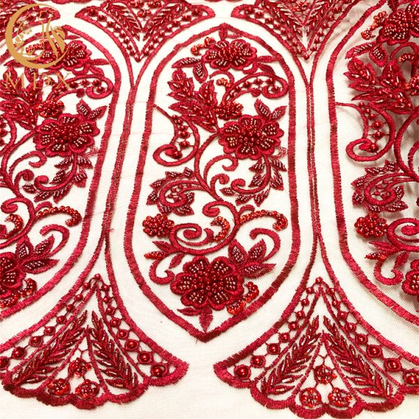 Red 3D Beaded Lace Fabric Handmade Embroidery With Sequins