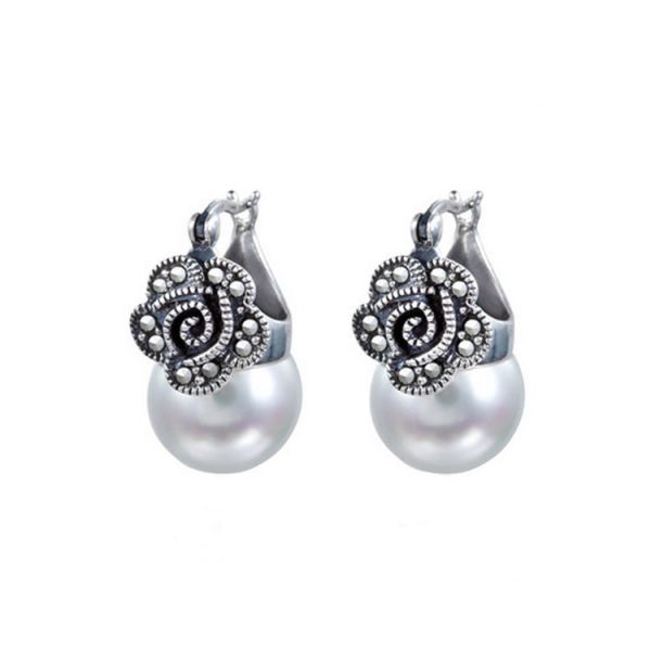 Vintage Silver Marcasite Drop Earrings with White Simulated Shell Pearl (E12141)