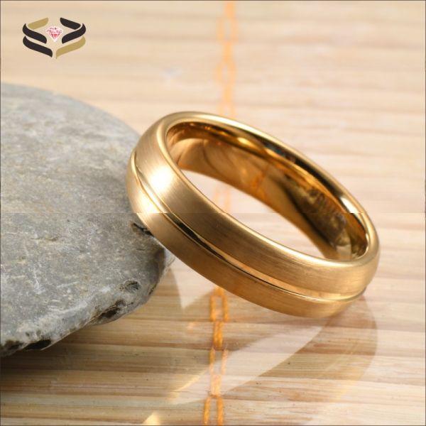 Jewelry Type Rings 18K Gold Plated 6mm Tungsten Wedding Band Ring Grooved Classic Unisex Engagement Gift Men Women
