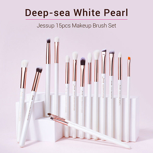 Jessup 15pcs Eye Makeup Brush Set Pearl White/Rose Gold Aluminium Ferrule T217