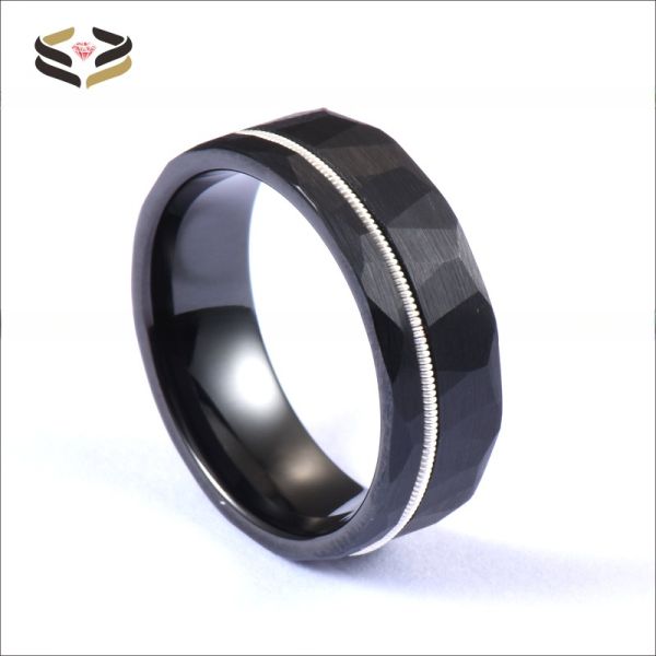 Mens Fashion Black Faceted Finish Hammered Tungsten Wedding Band With White Guitar String Inlay Comfort Fit Invisible Setting